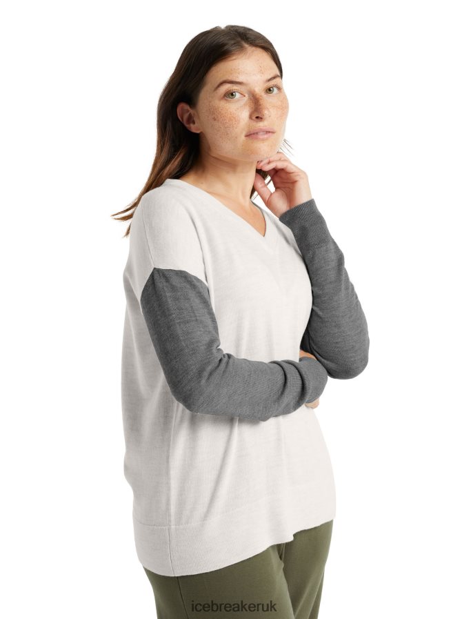 Icebreaker Women Merino Shearer V Neck Sweater Z04NXR875 Clothing Ecru Heather/Gritstone Heather - Image 1