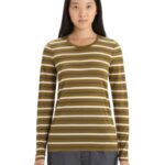Icebreaker Women Merino Wave Long Sleeve Stripe T-Shirt Z04NXR694 Clothing Algae/Chalk
