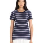 Icebreaker Women Merino Wave Short Sleeve Stripe T-Shirt Z04NXR637 Clothing Midnight Navy/Purple Gaze