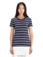Icebreaker Women Merino Wave Short Sleeve Stripe T-Shirt Z04NXR637 Clothing Midnight Navy/Purple Gaze